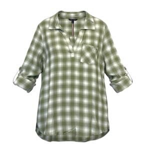 Tommy Hilfiger Plaid Blouse Size Medium vneck tunic green white long sleeve
